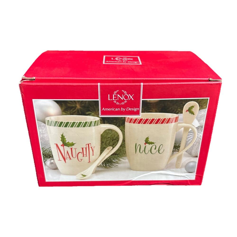 Lenox Holiday Cocoa Mugs Set of 2 Naughty and Nice Holly w/Spoons & Original Box